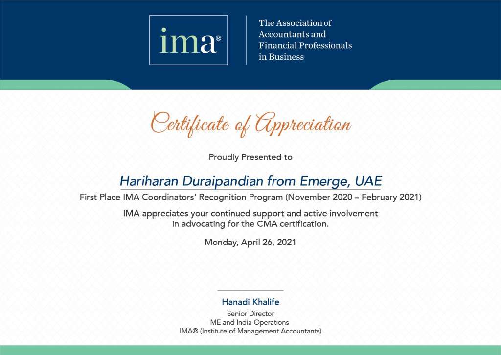 Certificate of Appreciation Emerge Management Training Center