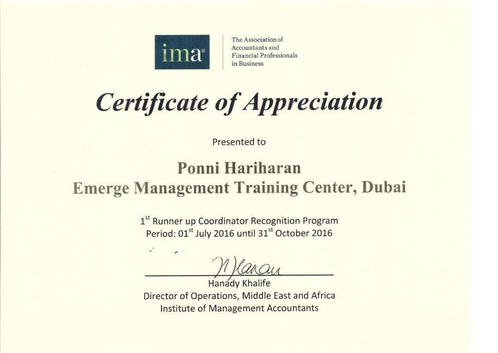 Certificate of Appreciation Emerge Management Training Center